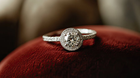 Close-up of a diamond-encrusted ring, the circular band symbolizing infinite love, placed on a velvet cushionの素材