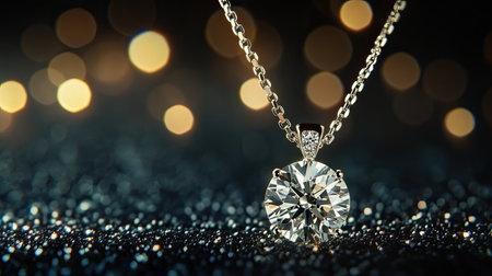 Close-up of a diamond pendant necklace, sparkling under soft lighting, against a dark backdropの素材