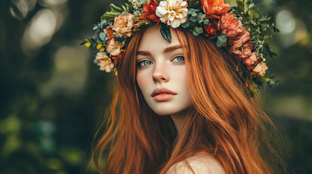A woman with long, red hair wearing a flower crownの素材