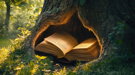 Tree with a hollow trunk shaped like an open book, showcasing the fusion of natural life and ancient wisdomの素材
