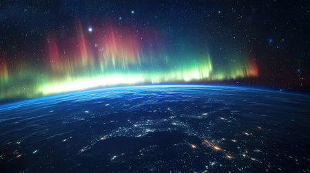 Northern Lights, Aurora Borealis, creating a mesmerizing spectacle over Earth, with vibrant colors visible from spaceの素材