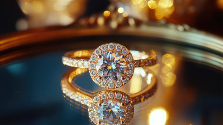 Gold diamond engagement ring with a halo setting, presented on a mirror, capturing reflections and brillianceの素材