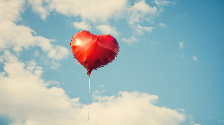 A red heart-shaped balloon floating in the airの素材