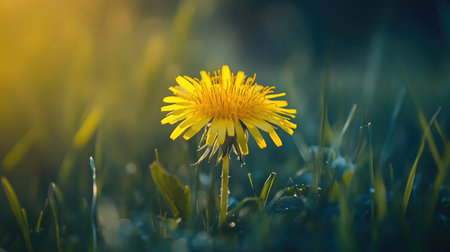 A yellow dandelion in a meadowの素材