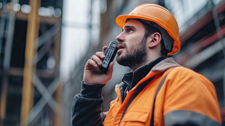 A construction worker using a walkie-talkieの素材
