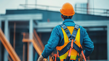 A construction worker using a safety harnessの素材