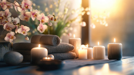 A spa setting with candles, flowers, and a massage tableの素材