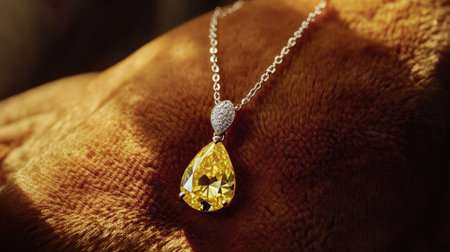 Pear-cut yellow diamond pendant necklace, glowing under soft light, perfectly draped on a velvet cushionの素材