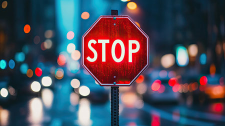 A red stop sign on a busy streetの素材