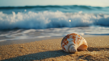 A seashell lying on the sand, with the ocean waves crashing in the backgroundの素材
