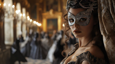 A woman wearing a designer gown, attending a masquerade ballの素材