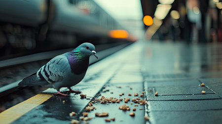 A train station platform pigeon pecking at crumbs on the groundの素材