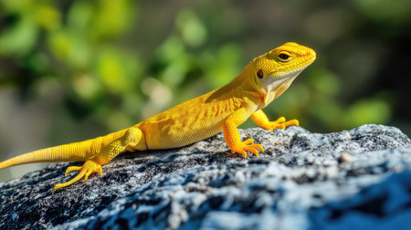 A yellow lizard basking in the sunの素材