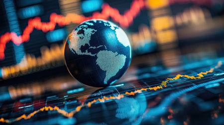 Earth globe placed in the center of a stock market chart, symbolizing the impact of global economiesの素材