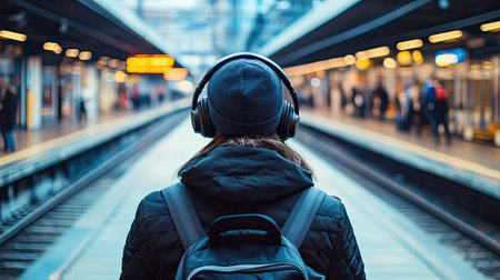 A train station platform traveler listening to music with headphonesの素材