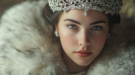 A woman wearing a diamond tiara and a fur stoleの素材