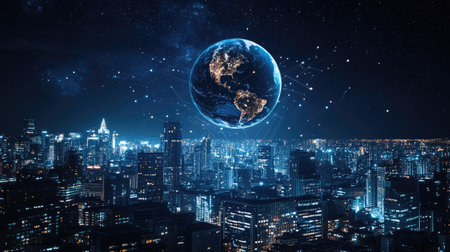 Planet Earth floating above a city skyline at night, emphasizing global business connections and networksの素材