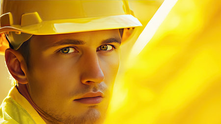 A yellow construction worker wearing a hard hatの素材