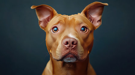 Cute Pit Bull with floppy ears in a studio, looking straight into the camera with an innocent gaze.の素材