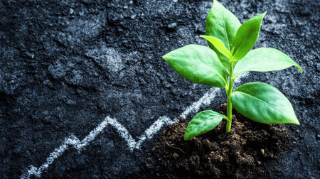 A plant growing alongside a growth graph, showing progress with vibrant green leaves and upward-trending dataの素材