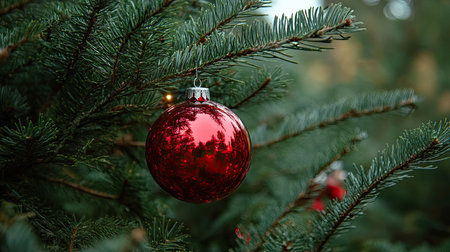 A red Christmas ornament on a treeの素材