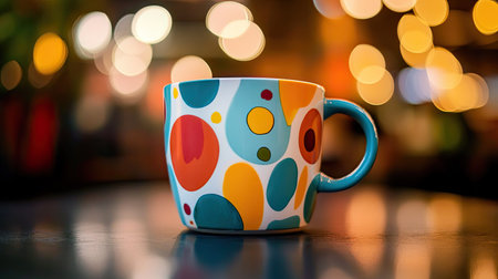 A close-up of a coffee cup with a colorful designの素材
