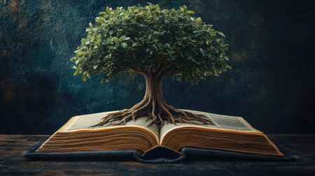 Big tree emerging from the pages of ancient books, with roots spreading, resembling a vibrant paintingの素材
