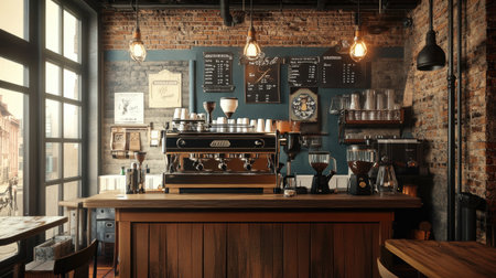 A coffee shop interior with a vintage espresso machineの素材