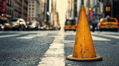A yellow traffic cone on a busy streetの素材