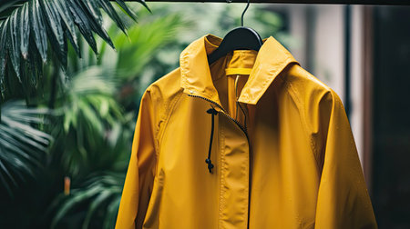 A yellow raincoat hanging on a rackの素材
