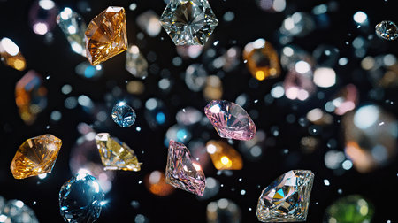 An array of sparkling gemstones falling in slow motion, each one shining with a brilliant reflectionの素材