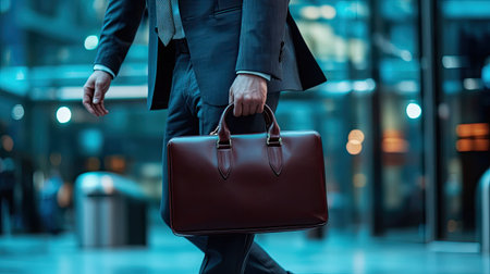 A man in a tailored suit, holding a briefcase and walking confidentlyの素材