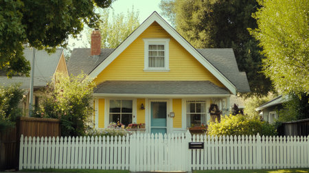 A yellow house with a white picket fenceの素材