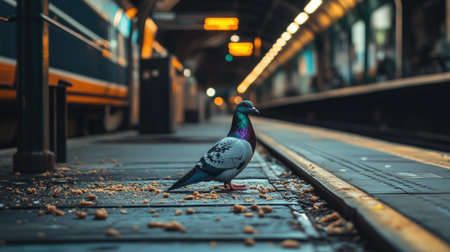 A train station platform pigeon pecking at crumbs on the groundの素材
