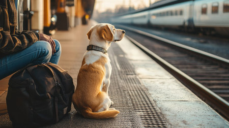 A train station platform dog sitting patiently beside its ownerの素材