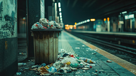 A train station platform trash can overflowing with garbageの素材