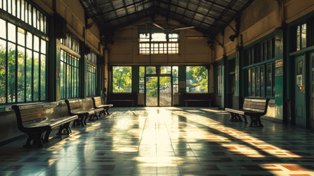 A train station waiting room with benches and tablesの素材
