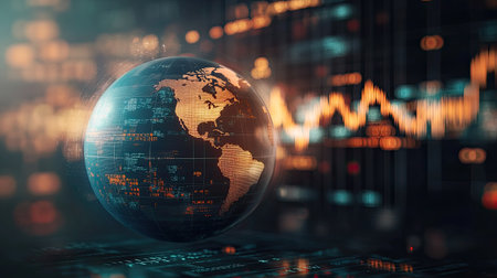 Earth globe with financial charts in the background, symbolizing the global economyの素材