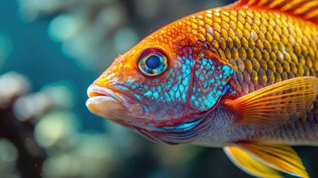 Close-up of a fish with vibrant scales and unique featuresの素材