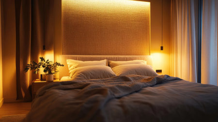 Bedroom with plush bedding and soft lightingの素材