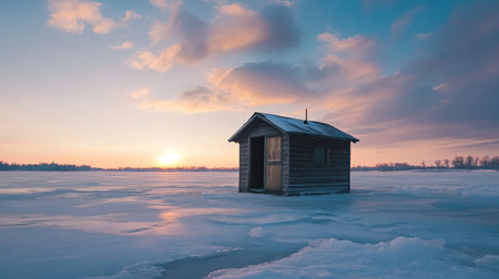 Ice fishing hut on a frozen lake f1の素材
