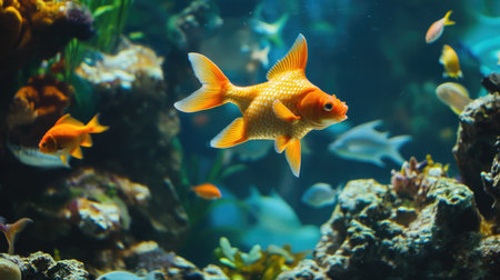 Fish swimming in a star-shaped aquariumの素材