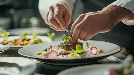 Chef carefully plating a gourmet dishの素材