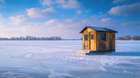 Ice fishing hut on a frozen lakeの素材