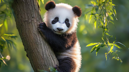Adorable panda bear cub climbing a treeの素材