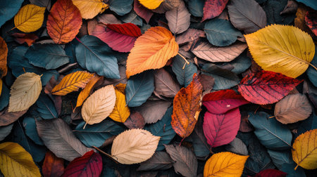 Colorful autumn leaves scattered on forest floorの素材