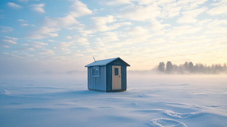 Ice fishing hut on a frozen lakeの素材
