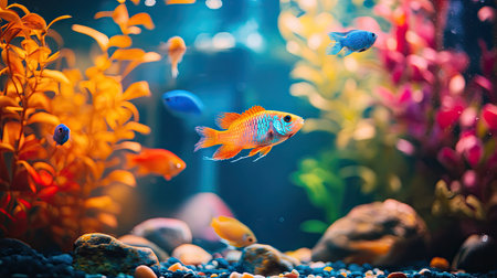 Fish swimming in a tropical aquarium with colorful decorationsの素材