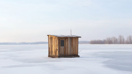 Ice fishing hut on a frozen lakeの素材