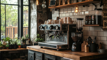 Kitchen with a vintage-style coffee maker and espresso machineの素材